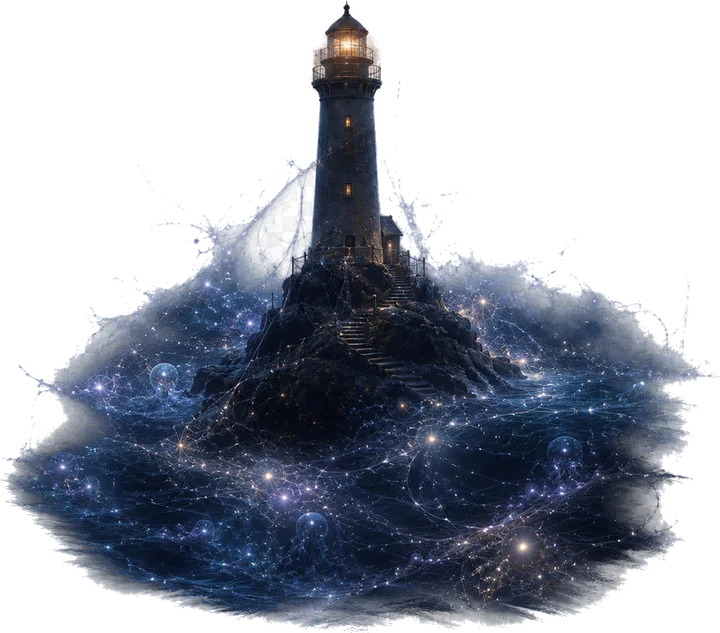A lighthouse on a rock in a sea of stars