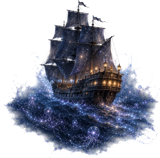 A sailing ship with glowing sails on the Celestial Ocean