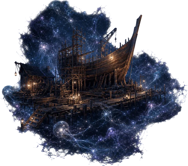 A wooden shipyard with a ship under construction, wrapped in veils of stars